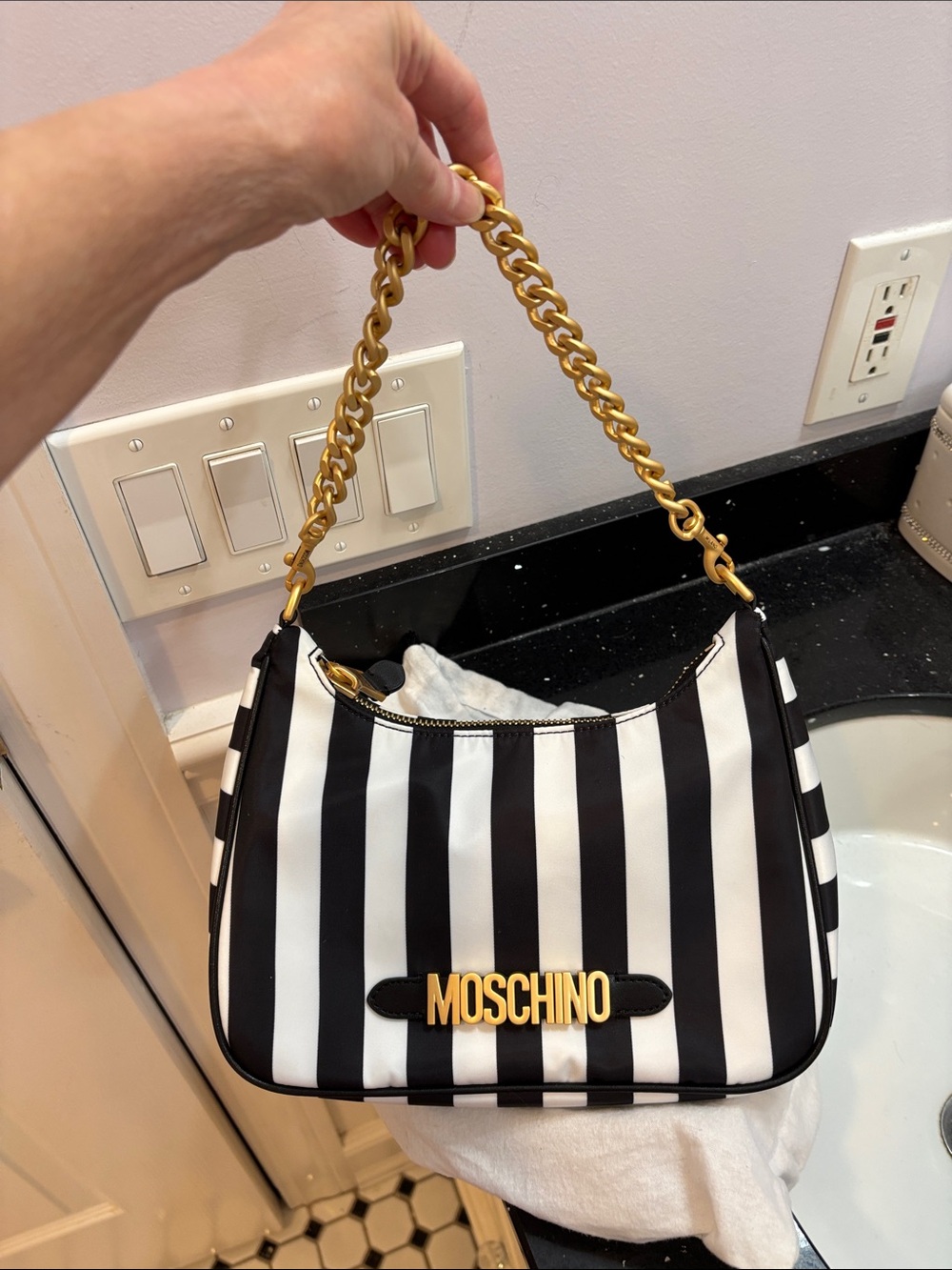 NWOT Moschino Black & White Vertical Stripe Shoulder Bag with Gold Chain